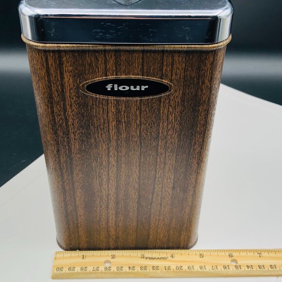 Vintage CHROME QUEEN Rectangular Faux Wood FLOUR Tin Canister Container - Picture 10 of 12